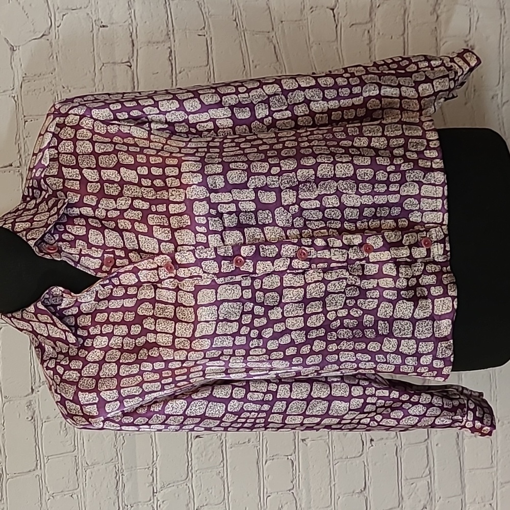 Vintage Blouse Shouler Pads Purple Geometric Pattern Polyester Size 4P USA